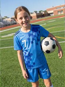 Kids Blue Plaid Size 7 Football Uniform Set, Boys Short Sleeve Shirt And Shorts Sports Training Jersey - Navy Blue - View 4