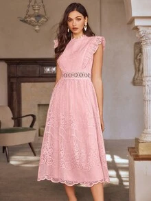 Women's New Mesh Embroidery Ruffle Trim Sleeveless Long Dress, Suitable For Wedding, Party Wear, Non-Stretch Fabric, Recommend Ordering One Size Up - Pink - View 3