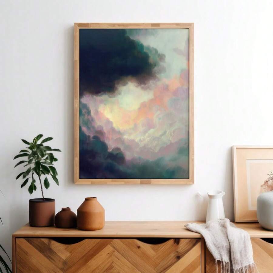 1件暗學院風自然靜物帆布畫,精緻天空雲朵藝術版畫,客廳裝飾 - A - 查看 1