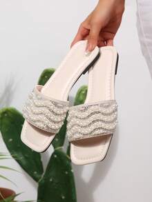 2026 Summer New Fashion Square Toe Casual Mule Open Toe Versatile Beach Soft Sole Comfortable Fairy Rhinestone Flat Slide Sandals For Women - Beige - View 2