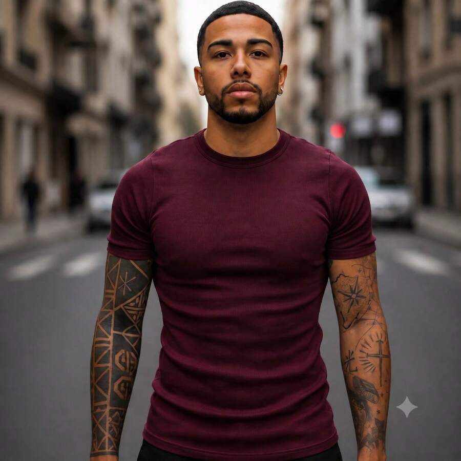 American Ribbed Fitted T-Shirt, Gringa Style, Slim Fit, Casual, Premium Men's Spring/Summer - Maroon - View 1