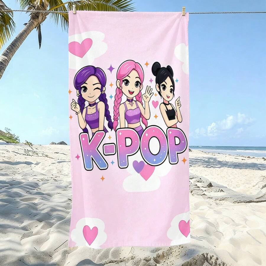1件粉色K-Pop Q版女孩沙灘巾,高級超細纖維柔軟吸水快乾,加大防沙,適用於海灘、泳池、旅行、禮物 - 彩色 - 查看 1