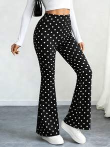 Women's High Waist Sports Flared Pants, Tummy Control Black & White Polka Dot Print Elastic Long Pants Fall - Black and White - View 1