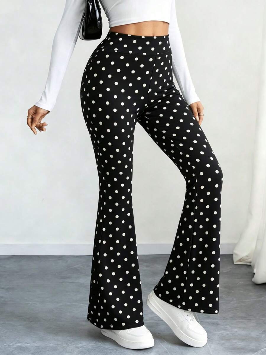 Women's High Waist Sports Flared Pants, Tummy Control Black & White Polka Dot Print Elastic Long Pants Fall - Black and White - View 1