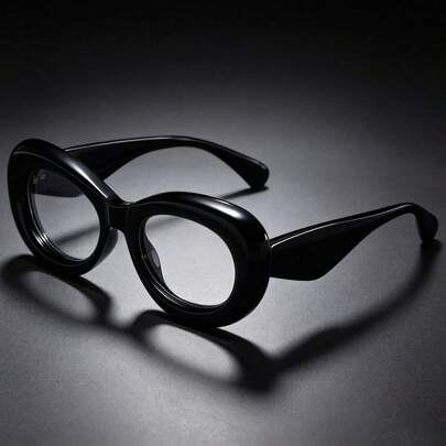 American Vintage Glossy Black Bubble Oval Lensless Decorative Glasses, Y2K Street Style Aesthetic Empty Frames