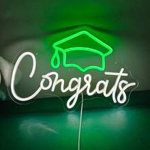1件 Congrats Grad LED 霓虹燈牌 - USB供電可調光牆飾，畢業帽與香檳杯設計，手寫體風格燈光，適用畢業派對、居家辦公慶祝，耐用塑料材質，畢業裝飾，派對氛圍燈光，裝飾，工廠直供 - 綠色,白色 - 查看 2