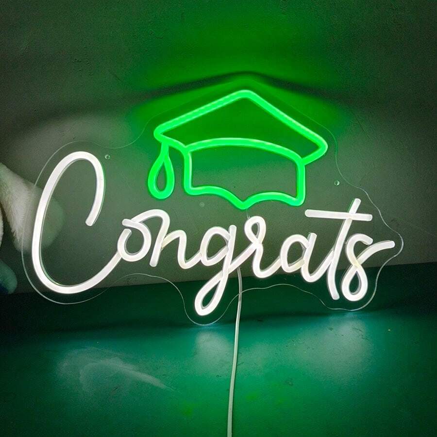 1件 Congrats Grad LED 霓虹燈牌 - USB供電可調光牆飾，畢業帽與香檳杯設計，手寫體風格燈光，適用畢業派對、居家辦公慶祝，耐用塑料材質，畢業裝飾，派對氛圍燈光，裝飾，工廠直供