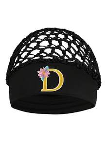 女款花卉刺繡字母網紗帽－個性化字母首字母彈性寬邊髮帽，鉤編鏤空夜間睡眠帽 - 黑色 - 查看 23