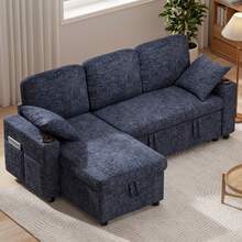 Corner Sofa Bed, L-Shaped Sleeper Sectional Couch Bed, 3 In 1 Chenille Convertible Pull Out Sofa Bed With Storage Chaise And Cup Holder For Living Room, Grey - Chenille Dark Blue - 3-seater - View 1