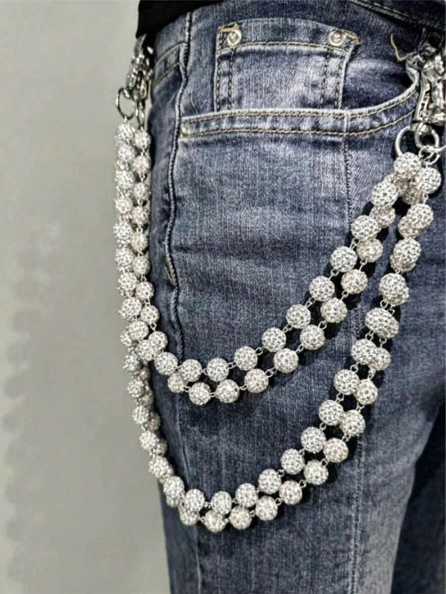 1pc Fashion Street Hip Hop Pants Chain Clay Rhinestone Ball Waist Chain Handmade Body Chain, Unisex - Multicolor - View 1
