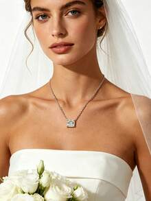 S925 Sterling Silver 14K Gold Plated Emerald Cut Moissanite Necklace, Exquisite Rectangular Pendant Collarbone Necklace, Elegant Wedding Anniversary Birthday Jewelry Gift For Bride And Girlfriend - Style a - White - View 11