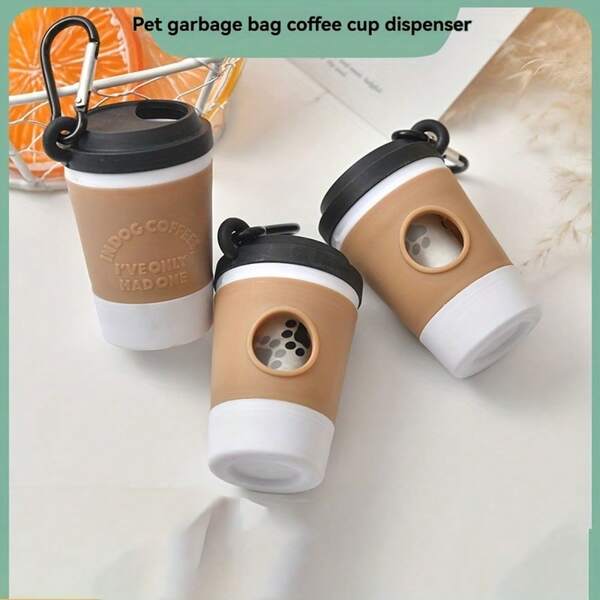 Dog Coffee Cup Pet Waste Bag Dispenser - Portable Dog Poop Scoop Storage Box With Secure Lid, Beige And Black Design, Suitable For Outdoor Dog Walking, Travel, Home Use, Travel Pet Accessories, Fashion Pet Accessories,