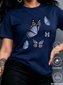 180g Made In Mexico, Spring/Summer 2026 Fashion Short Sleeve T-Shirt, Cartoon Print, Couple Style, Underwear/Outerwear, Casual Round Neck For Office, Unisex One Piece Top - 藏蓝色 - 查看 1