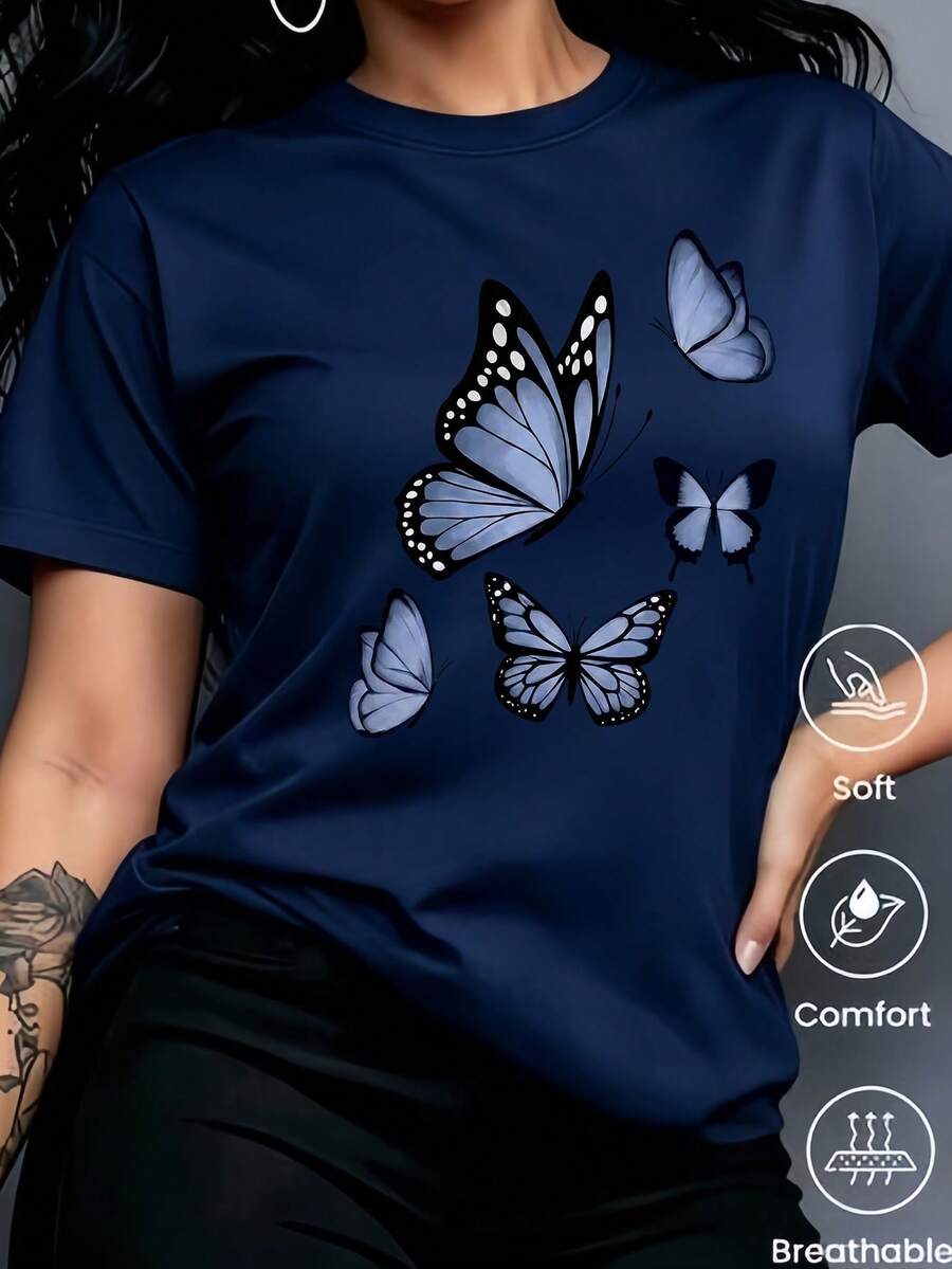 180g Made In Mexico, Spring/Summer 2026 Fashion Short Sleeve T-Shirt, Cartoon Print, Couple Style, Underwear/Outerwear, Casual Round Neck For Office, Unisex One Piece Top - 藏蓝色 - 查看 1