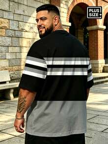 Plus Size Men's Black & Gray Three-Section Color Block Layered Horizontal Stripe Crew Neck Short Sleeve T-Shirt, Plus Size Men's T-Shirt Sports Summer - Black - View 2