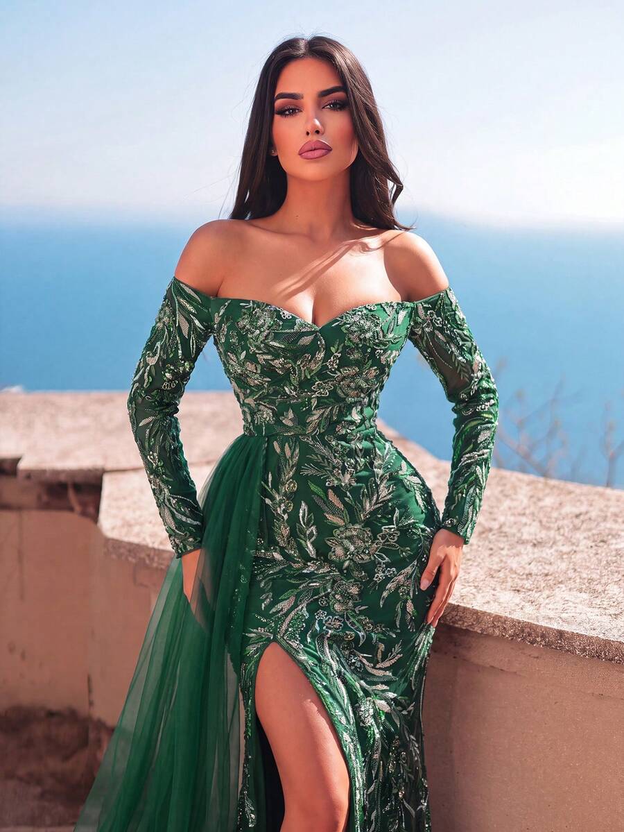 Faeriesty Elegant Floral Embroidered Mermaid Dress: Luxury Open Shoulder Evening Gown Party Wedding Vacation Fall - Dark Green - View 1