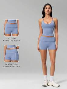 MFVIM Women's New Fashion Yoga Outfit Set, Halter V-Neck Waist-Flattering Slimming Contrast Color Sports Set, Versatile Soft Skin-Friendly Fabric Casual Running Tight Yoga Workout Clothes, Suitable For Daily Commute, Outdoor, Sports, Travel, City Stroll And Various Occasions - Aqua Blue - View 4