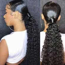 Deep Wave Ponytail 16-26 Inches Machine Made Magic Wrap Around Clip In Ponytail Black Remy Curly Brazilian Human Hair Extensions - Natural Black - View 4