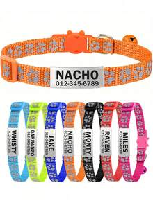 Customized Reflective Personalized Cat Collar, With Detachable Buckle, Bell And Paw Print Design, Suitable For Small And Medium-Sized Male And Female Cats. - Orange - View 11