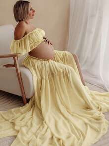 Maternity Sleeveless Ruched Dress, Chiffon Moderate Elasticity Ruched Pleated Detail Front Slit Ruched Hem Maternity Photography Baby Shower Yellow - Yellow - View 1