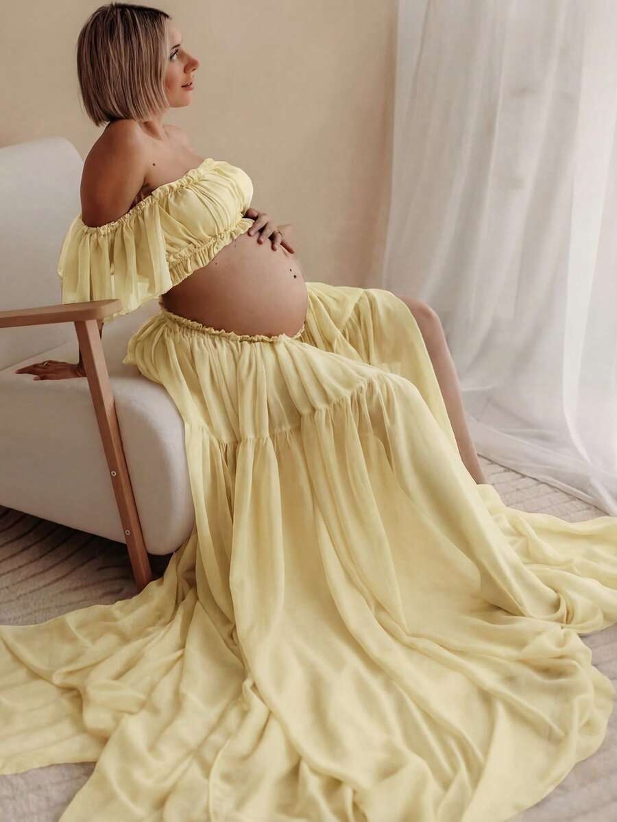 Maternity Sleeveless Ruched Dress, Chiffon Moderate Elasticity Ruched Pleated Detail Front Slit Ruched Hem Maternity Photography Baby Shower Yellow - Yellow - View 1