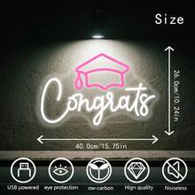 1pc Congrats Grad LED Neon Sign - USB Powered Dimmable Wall Decor With Graduation Cap And Champagne Glass Design, Script Style Lighting For Graduation Party, Home Office Celebration, Durable Plastic Construction, Graduation Decoration, Party Atmosphere Lighting, Decor, Factory Direct - Pink, White - View 3