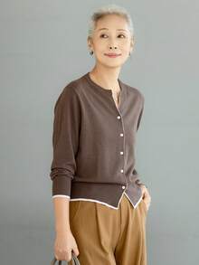 女款時尚對比滾邊開襟羊毛圓領鈕扣針織衫，萬聖節感恩節聖誕節節日穿搭外套 - 咖啡棕 - 查看 3