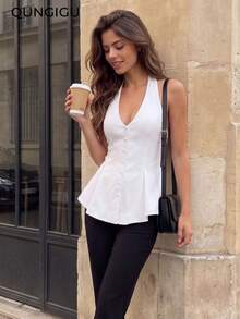 QUNGIGU Top de alças femininas casual com decote halter, roupa de verão elegante sem mangas com botões, adequada para saídas, encontros e uso diário - Branco - Ver 6