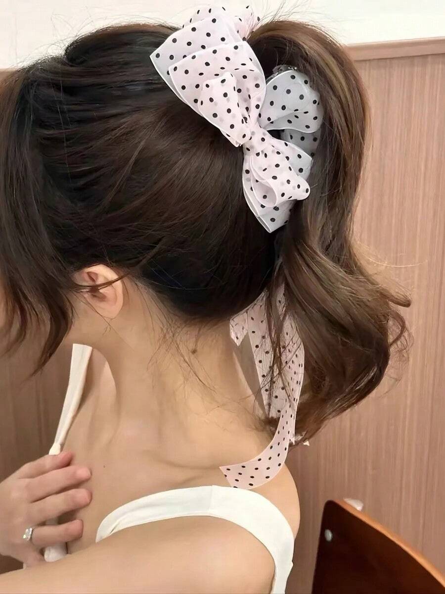 1件女款復古波點網紗長緞帶蝴蝶結髮夾,水鑽裝飾大尺寸透視蝴蝶結髮夾,浪漫甜美女孩風髮飾,適合約會穿搭與咖啡廳氛圍拍照 - 彩色 - 查看 1