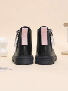 1 Pair Girls' Boots, Solid Color Matte PU With Heart Pattern Decor, Side Zipper & Front Lace-Up Design, Round Toe, Warm Thick Sole, Height-Increasing, Durable, British Style Fashion Ankle Boots, Suitable For Boys & Girls Students, Daily Casual, Vacation, Party, Outdoor Wear, Autumn/Winter New - Black - View 3