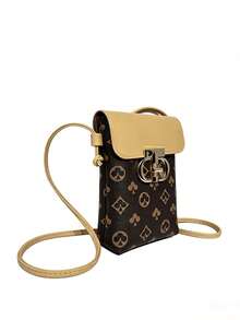 Vintage Geometric Heart Pattern Women's Mini Crossbody Phone Bag, Retro Colorblock Print Vertical Phone Bag With Top Handle - Coffee Brown - View 3
