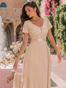 MIUSOL Vestido Longo Formal de Festa com Decote V Profundo, Lantejoulas, Renda, Babados e Chiffon, Vestido de Noite Formal para Casamento no Outono - Champanhe - Visão 10
