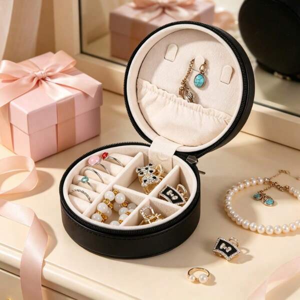 1Pc Portable Round Jewelry Box With Zipper ,Mini Jewelry Holder Organizer (Black),Jewelry Display Travel Zipper Case Suitable For Earring,Ring And Necklace, PU Leather Jewelry Storage Box, Durable,Women's Gift