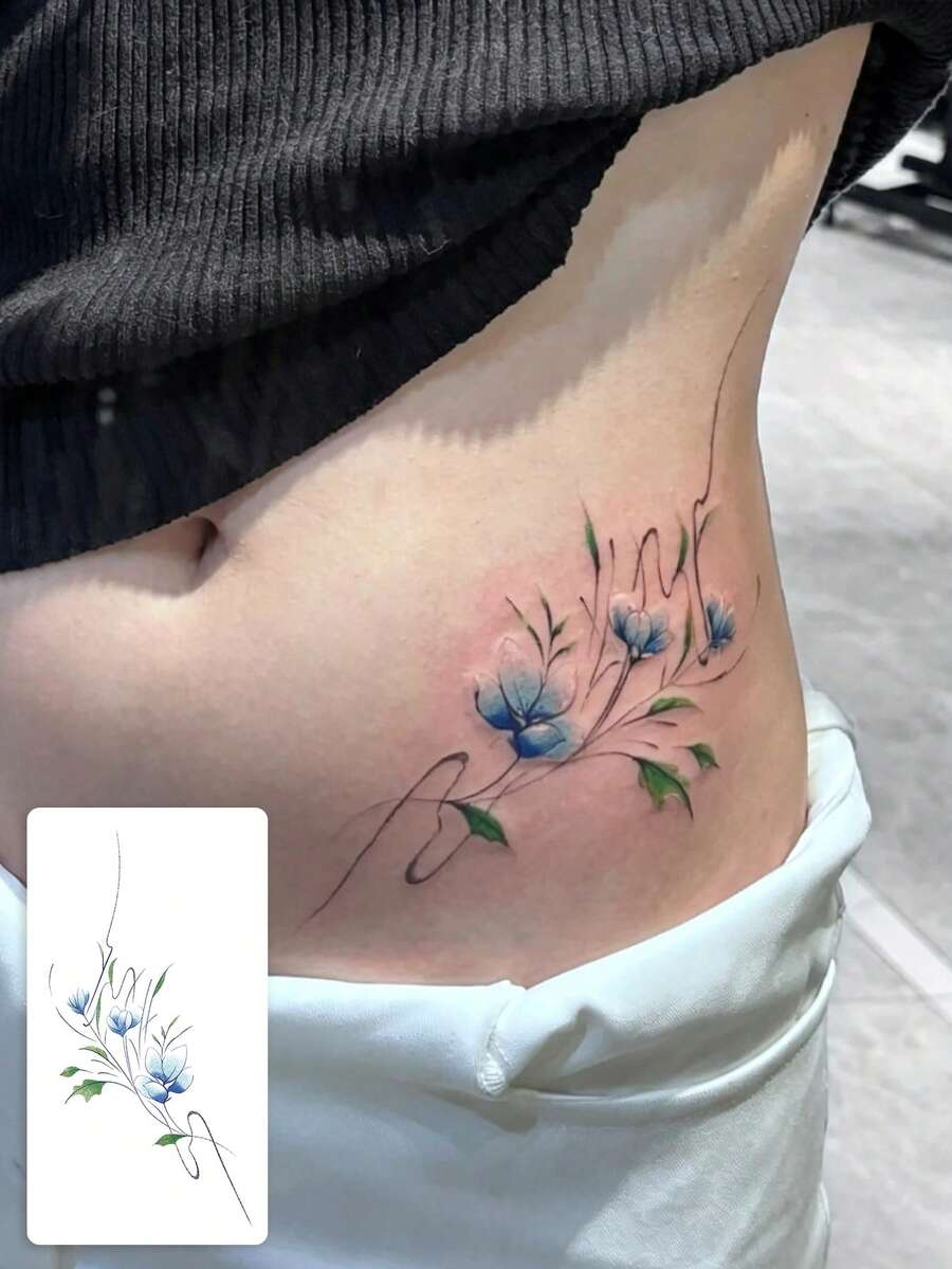 1張柔和水彩藍色花卉弧形側腰臨時紋身貼紙,清新優雅纖細旋渦輪廓花朵假紋身,防水低調修身腰部身體裝飾,女生肋骨臀部大腿配對Ins熱門臨時紋身 - 彩色 - 查看 1