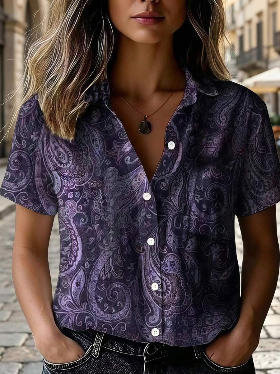 Plus Size Women Retro Cashew Flower Print Button Down Short Sleeve Shirt Blouse Vacation Summer