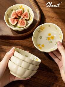 1/2/4/6/8pcs Cute Floral Ceramic Condiment Bowls, 3.9 Inch Flower Shaped Dipping Sauce Dishes, Small Yellow Floral Bowls Suitable For Sauces, Snacks, Desserts, Home Kitchen, Parties And Daily Tableware - Dipping Dishes - View 4