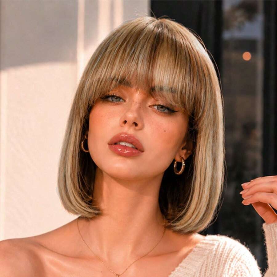 AMECIRE Wig Bob Rambut Manusia Wig Warna Campuran Wig Cokelat Wig Rambut Lurus Wanita Wig Rambut Pendek Dengan Poni Bentuk Mengembang Cocok Untuk Semua Orang