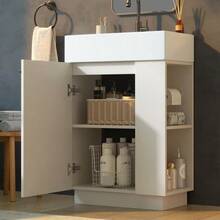 55cm Freestanding Washbasin Unit With Grooved Wood Finish, High-Quality Ceramic Basin, Removable Toilet Paper Holder And Well-Designed Storage Space – Tap Not Included, Grey - White - View 4