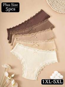 5 piezas Bragas para mujer talla grande, diseño con lazo, ribete de encaje, acanaladas, cómodas y suaves, de alta calidad en tonos tierra - Multicolor - Ver 5