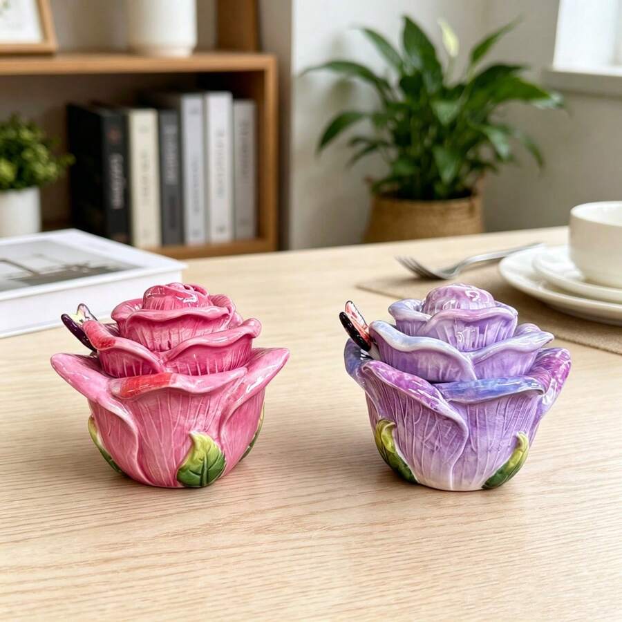 Mangkuk Gula Keramik Berbentuk Bunga Mawar yang Dilukis Tangan, Toples Bumbu, Dekorasi Meja Makan Dapur Rumah, Hadiah untuk Hari Valentine, Hari Ibu, Hari Raya