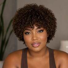 AMECIRE Wig Rambut Keriting Cokelat Wig Rambut Manusia Model Pixie Cut Wig Rambut Pendek Wanita dengan Poni Bentuk Mengembang 4 Inci Topi Jaring Elastis Cocok untuk Pemakaian Sehari-hari dan Liburan - S4 - View 9
