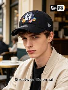 New Era Brooklyn Nets 花卉刺繡棒球帽，黑色寬鬆可調節  運動老爹帽，適合街頭休閒戶外防曬 - 黑色 - 查看 2
