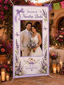 1pc Lavender Spanish Wedding Photo Booth Frame, Printed With Recuerdos De Nuestra Boda And Con Todo Mi Amor, Floral, Bowknot And Ring Patterns, Polyester Rectangular Hollow Background Cloth With 4 Metal Grommets, Suitable For Wedding Reception, Bridal Shower And Photo Decoration - Multicolor - View 7