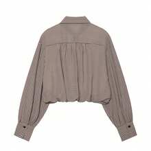 Women's Casual Plaid Print Lantern Sleeve Blouse, Fashionable Checkered Button Front Shirt - Khaki - View 5