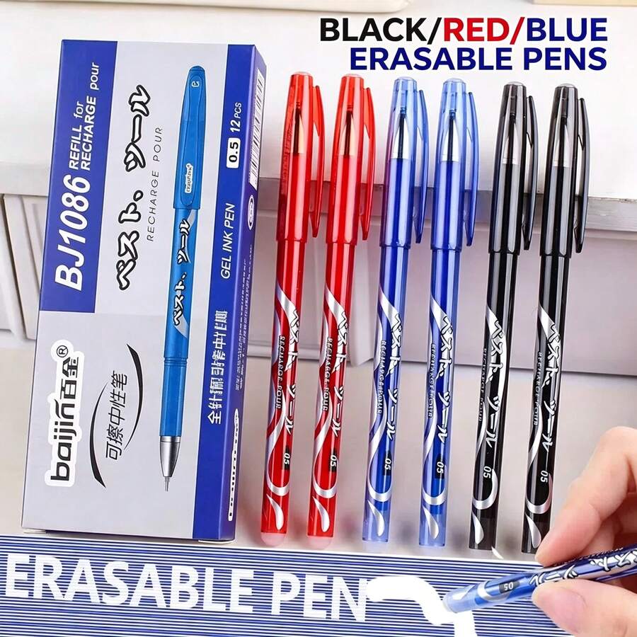 12pcs/Box Erasable Gel Pens For Writing, Drawing And Sketching, Erasable Mistake, Highlighting, Marker, Neutral Pen With Built-In Eraser - Erasable Gel Pens [12 Pens Per Box] - View 1