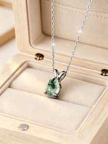 Green Natural Moss Agate Pendant Necklace, 925 Silver Adjustable Chain Decoration - Green - View 3