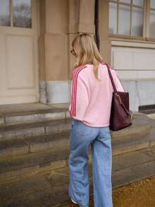 Pull femme à manches 3/4 rayé bicolore, col rond, coupe ample, effet duveteux, style streetwear sportif pour le quotidien, rose, 2026 - Rose bonbon - Voir 4