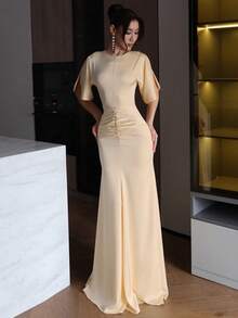 Old Money Satin Round Neck Split Short Sleeve Ruched Waist Mermaid Maxi Dress Elegant Wedding Guest Formal Evening Gown - Apricot - View 1