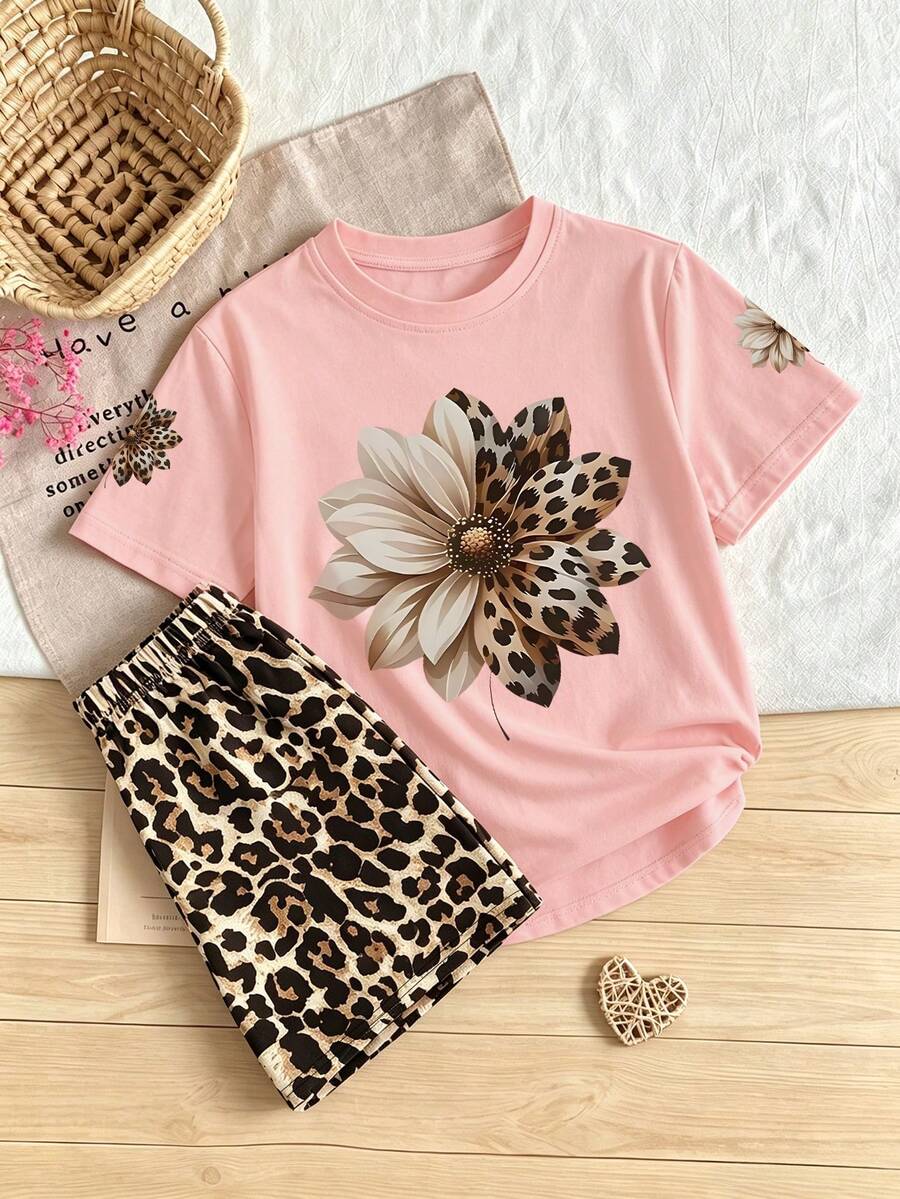 2pcs Set Teenage Girls Short Sleeve Top And Leopard Print Shorts, Loose And Comfortable Two Pieces Outfit, Simple Style Suitable For Summer School/Sports/Outdoor - Pink - View 1