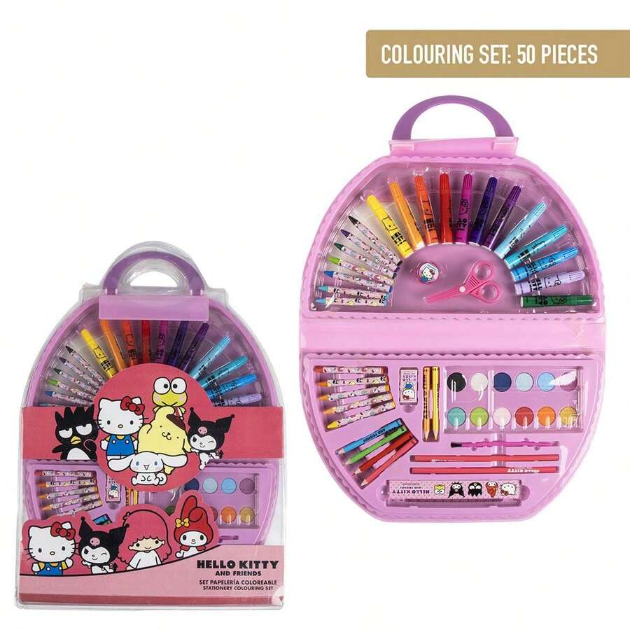 Hello Kitty Cerdá 和朋友們著色文具套裝,男女皆宜 - 50 件裝,包含馬克筆、蠟筆、水彩筆、鉛筆和配件,配有帶提手的便攜盒,官方授權,適合手工製作和送禮。 - 選項 4 - 查看 1